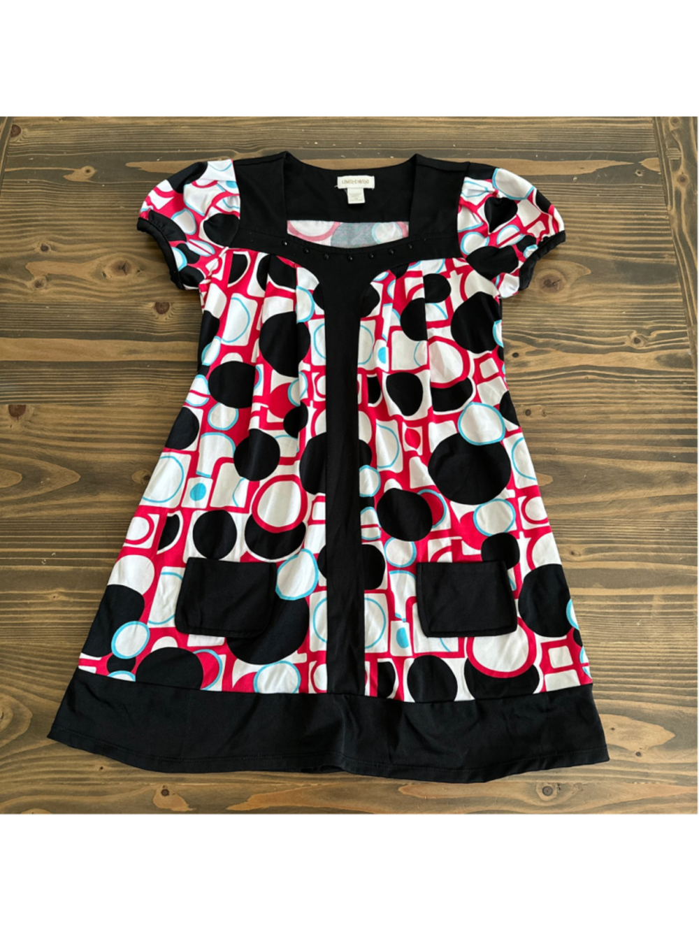 Girls Limited Too Dress Size 10 Black Pink Geometric Print Puff Sleeve Y2K